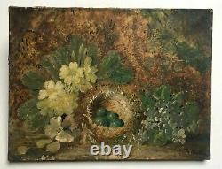 Ancient Painting Signed, Oil On Canvas, Nest, Eggs, 19th Century