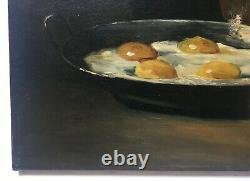 Ancient Painting Signed, Oil On Canvas, Still Life With Fried Eggs, Late 19th Century