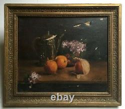 Ancient Painting Signed, Oil On Canvas, Still Life With Oranges, 19th Century