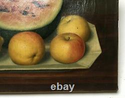 Ancient Painting Signed, Oil On Canvas, Still Life With Watermelon, 19th Century