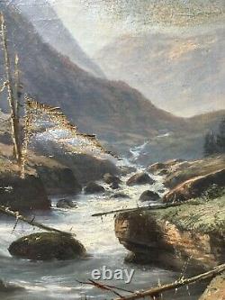 Ancient Painting Signed, Oil On Canvas To Restore, Mountain Torrent, 19th