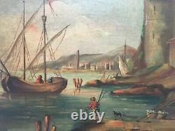 Ancient Painting Signed, Oil On Panel, Bustling Port City, 19th