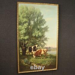 Ancient Painting Signed Oil Painting On Canvas Bucolic Scene 800 19th Century