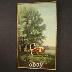 Ancient Painting Signed Oil Painting On Canvas Bucolic Scene 800 19th Century