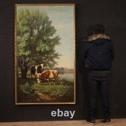 Ancient Painting Signed Oil Painting On Canvas Bucolic Scene 800 19th Century