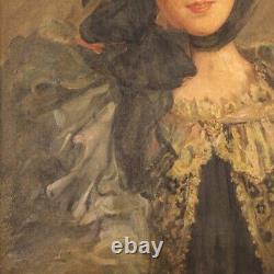 Ancient Painting Signed Portrait Oil On Canvas Woman Beautiful Epoch