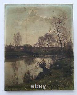 Ancient Painting Signed, River Berges, Oil On Canvas To Restore, Early 20th Century