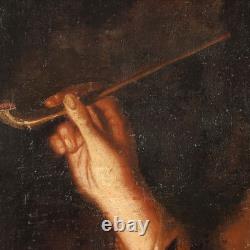 Ancient Painting with Young Pipe Smoker Oil on Canvas 18th Century