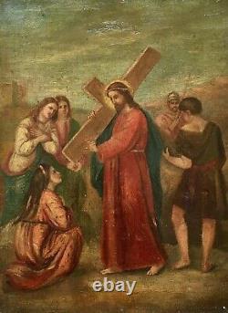 Ancient Religious Painting, Christ Bearing The Cross, Oil On Canvas, 19th