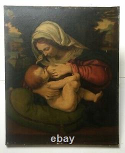 Ancient Religious Painting, Oil On Canvas, Virgin To Child, 19th Or Earlier