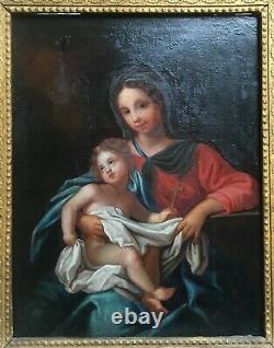 Ancient Religious Painting, Oil On Canvas, Virgin To Child, 19th Or Earlier