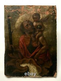 Ancient Religious Painting, Saint Christopher, Oil On Canvas, 19th Or Earlier