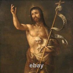 Ancient Religious Painting Saint John Baptiste Painted Oil On Canvas 17th Century