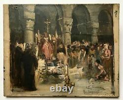 Ancient Religious Painting Signed And Dated 1893, Oil On Canvas, 19th Black Mass