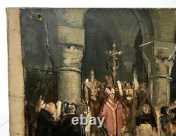 Ancient Religious Painting Signed And Dated 1893, Oil On Canvas, 19th Black Mass