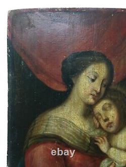 Ancient Religious Painting, Virgin With Child, Oil On Panel, 18th