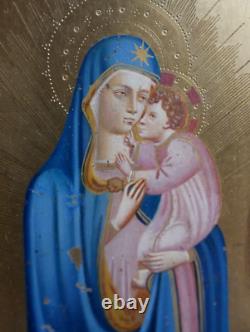 Ancient Religious Painting, Virgin and Child, Oil on Panel, Gilding, 19th Century