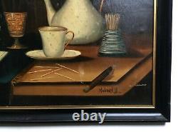 Ancient Signed Painting, Dated 81, Oil On Canvas, Still Life With Cigar, Late 19th Century