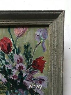 Ancient Signed Painting, Oil On Panel, Still Life, Flowers, Mid-20th