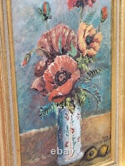 Ancient Signed Tableau. Bouquet of Flowers. Oil Painting on Cardboard.