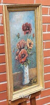 Ancient Signed Tableau. Bouquet of Flowers. Oil Painting on Cardboard.