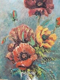 Ancient Signed Tableau. Bouquet of Flowers. Oil Painting on Cardboard.