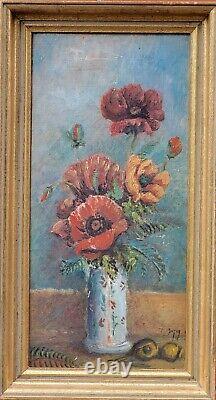 Ancient Signed Tableau. Bouquet of Flowers. Oil Painting on Cardboard.