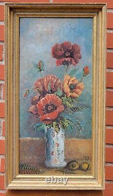Ancient Signed Tableau. Bouquet of Flowers. Oil Painting on Cardboard.