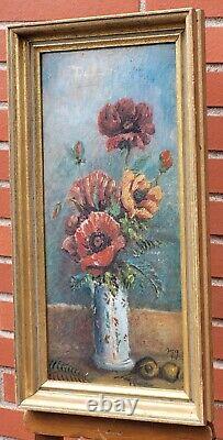 Ancient Signed Tableau. Bouquet of Flowers. Oil Painting on Cardboard.