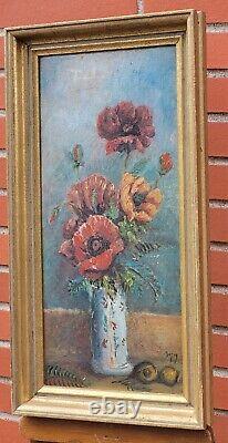 Ancient Signed Tableau. Bouquet of Flowers. Oil Painting on Cardboard.