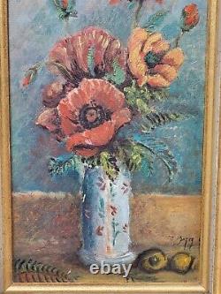 Ancient Signed Tableau. Bouquet of Flowers. Oil Painting on Cardboard.