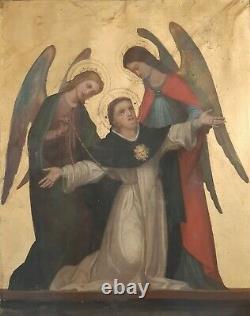 Ancient Superb Religious Painting XIX Th Saint Thomas Aquinas Angels Archangels