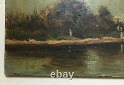 Ancient Table, Houses By The Water, Oil On Canvas Late 19th Century To Restore