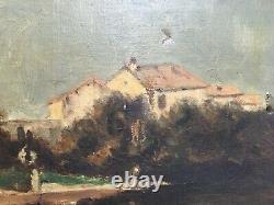 Ancient Table, Houses By The Water, Oil On Canvas Late 19th Century To Restore