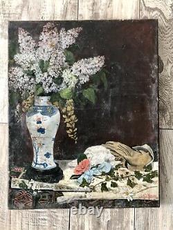 Ancient Table, Japanese Vase with Flowers, Oil on Canvas 19th Century