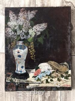 Ancient Table, Japanese Vase with Flowers, Oil on Canvas 19th Century