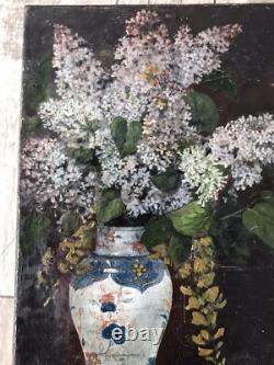 Ancient Table, Japanese Vase with Flowers, Oil on Canvas 19th Century