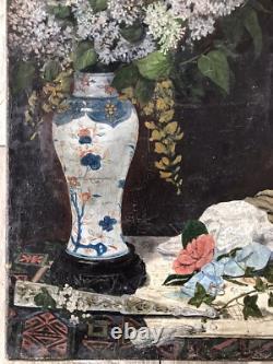Ancient Table, Japanese Vase with Flowers, Oil on Canvas 19th Century