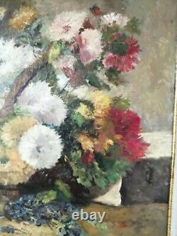 Ancient Table Oil Flowers Very Good Condition 69x61 CM
