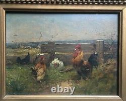 Ancient Table, Oil On Panel, Chickens And Rooster, Box, 19th
