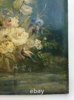 Ancient Table, Oil On Panel, Flower And Bird Bouquet, 19th