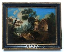 Ancient Table, Oil On Paper, Animated Landscape, Pigeonnier, 19th Or Earlier