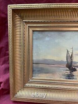 Ancient Table Oil On Wood Marine Ship XIX Eme