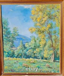 Ancient Table Signed Animated Landscape Oil Painting on Isorel Panel