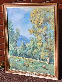 Ancient Table Signed Animated Landscape Oil Painting on Isorel Panel