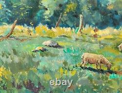 Ancient Table Signed Animated Landscape Oil Painting on Isorel Panel