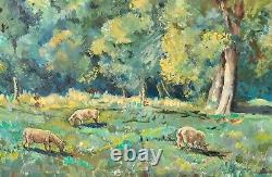 Ancient Table Signed Animated Landscape Oil Painting on Isorel Panel