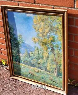 Ancient Table Signed Animated Landscape Oil Painting on Isorel Panel