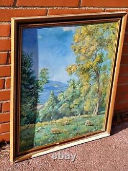 Ancient Table Signed Animated Landscape Oil Painting on Isorel Panel
