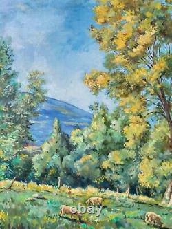 Ancient Table Signed Animated Landscape Oil Painting on Isorel Panel